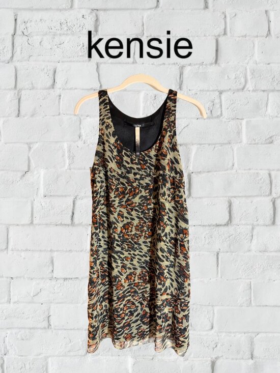 Kensie Dresses & Skirts - Kensie | Abstract Animal Print Chiffon Dress Tiered Sheer Overlay - Size Medium